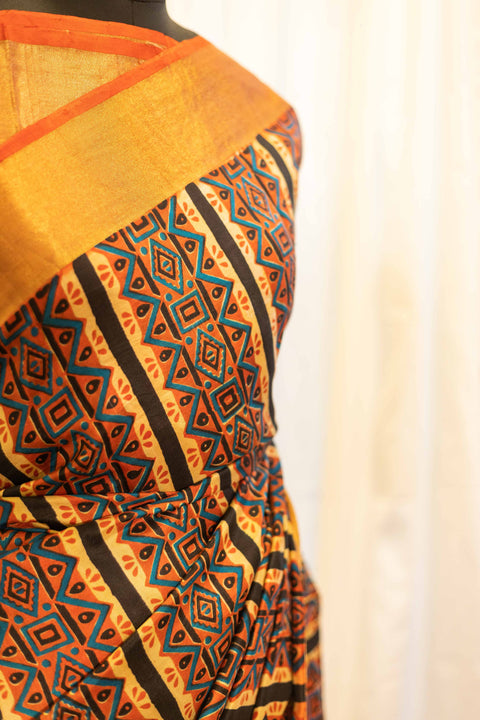 Mystic Sunset Orange and Black Striped Printed Kanchipuram Silk Saree