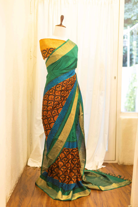 Emerald Symphony Green with Multicolor Printed Kanchipuram Silk Saree