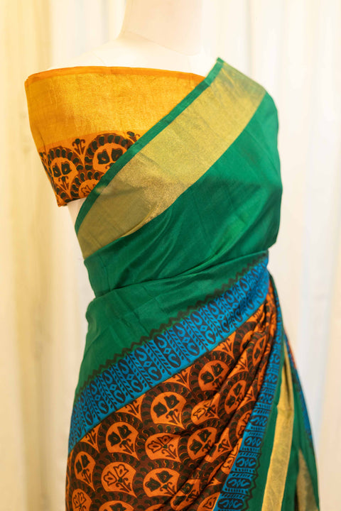 Emerald Symphony Green with Multicolor Printed Kanchipuram Silk Saree