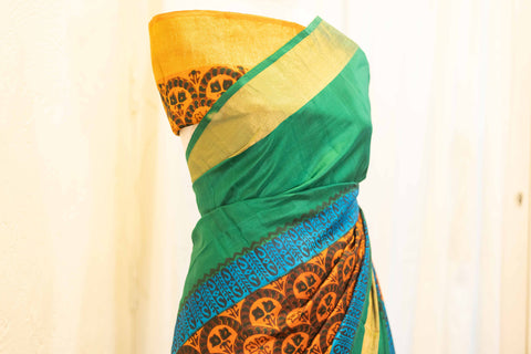 Emerald Symphony Green with Multicolor Printed Kanchipuram Silk Saree