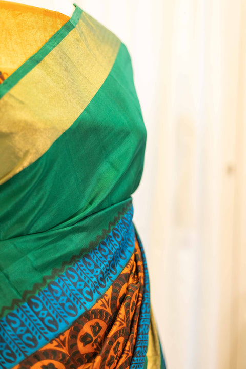 Emerald Symphony Green with Multicolor Printed Kanchipuram Silk Saree