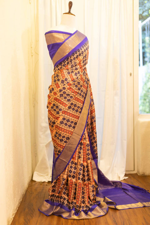Majesty Blue and Maroon Printed Kanchipuram Silk Saree