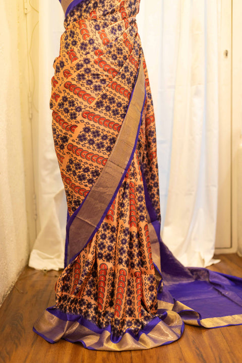 Majesty Blue and Maroon Printed Kanchipuram Silk Saree