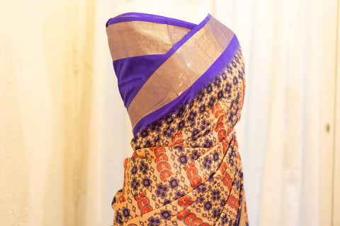 Majesty Blue and Maroon Printed Kanchipuram Silk Saree