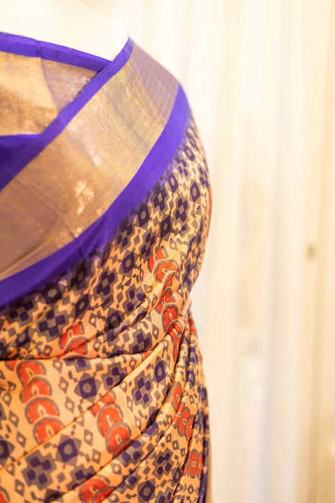 Majesty Blue and Maroon Printed Kanchipuram Silk Saree
