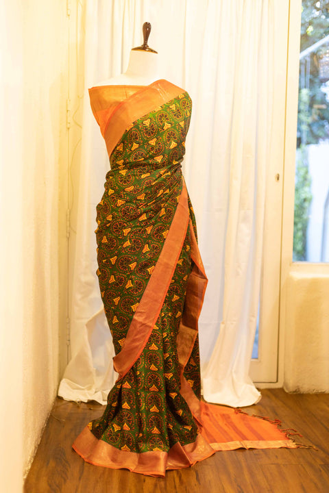 Citrus Grove Orange and Green Printed Kanchipuram Silk Saree
