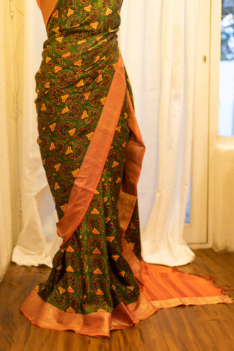 Citrus Grove Orange and Green Printed Kanchipuram Silk Saree