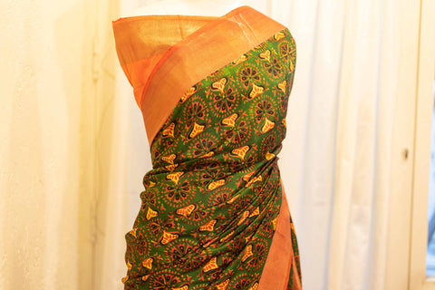 Citrus Grove Orange and Green Printed Kanchipuram Silk Saree