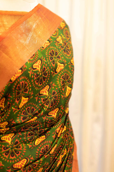 Citrus Grove Orange and Green Printed Kanchipuram Silk Saree