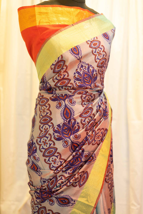 Sunset Bouquet Orange and Pink Printed Kanchipuram Silk Saree