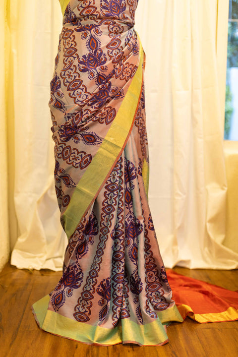 Sunset Bouquet Orange and Pink Printed Kanchipuram Silk Saree