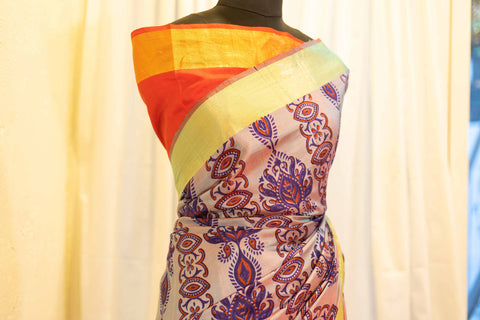 Sunset Bouquet Orange and Pink Printed Kanchipuram Silk Saree