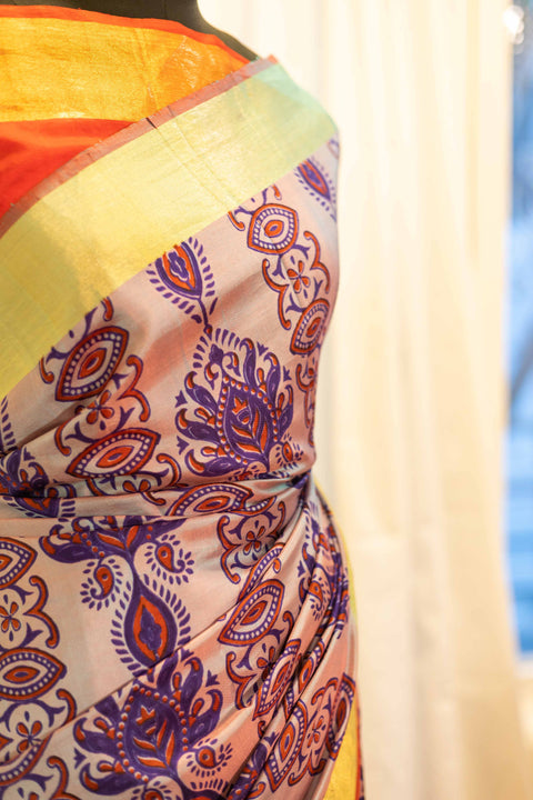 Sunset Bouquet Orange and Pink Printed Kanchipuram Silk Saree