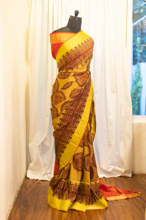 Golden Sunset Yellow and Red Printed Kanchipuram Silk Saree