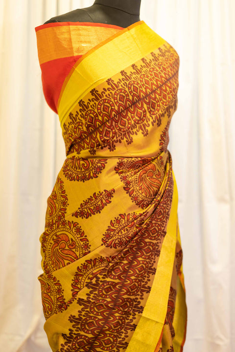 Golden Sunset Yellow and Red Printed Kanchipuram Silk Saree