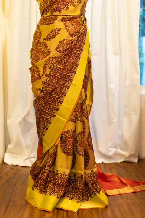 Golden Sunset Yellow and Red Printed Kanchipuram Silk Saree