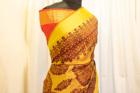 Golden Sunset Yellow and Red Printed Kanchipuram Silk Saree