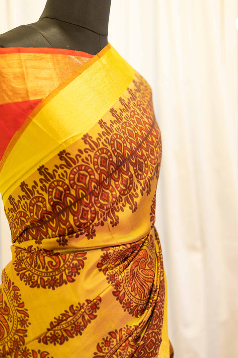 Golden Sunset Yellow and Red Printed Kanchipuram Silk Saree
