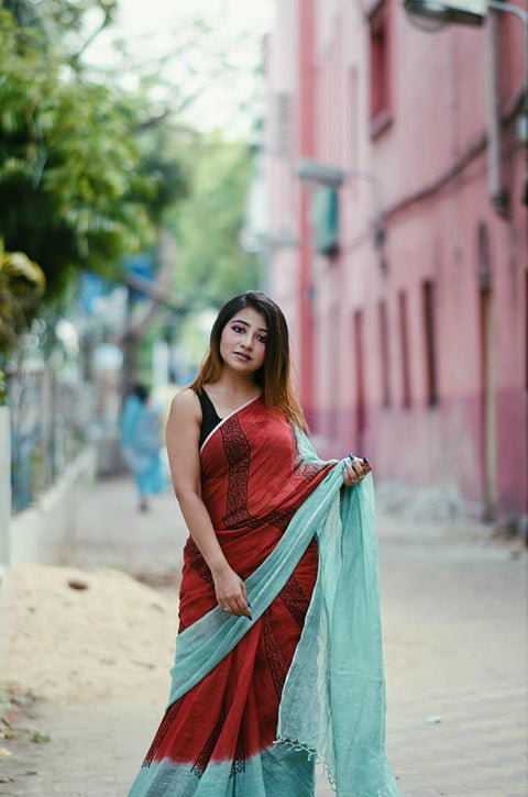 Pure Handloom maroon and light sea green shaded Designer linen sarees