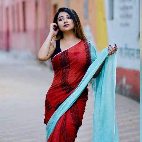 Pure Handloom maroon and light sea green shaded Designer linen sarees