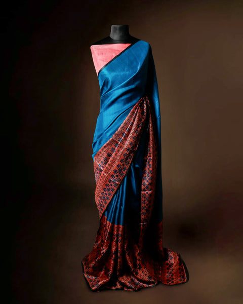 Deep Teal Blue Tussar Silk Saree with Rust Ajrakh Print Border