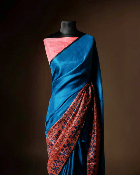 Deep Teal Blue Tussar Silk Saree with Rust Ajrakh Print Border
