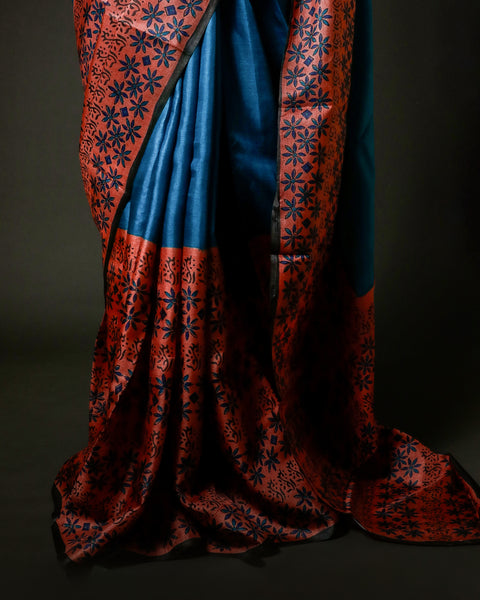 Deep Teal Blue Tussar Silk Saree with Rust Ajrakh Print Border