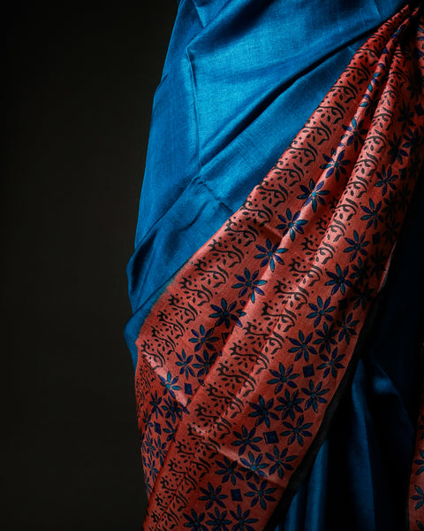 Deep Teal Blue Tussar Silk Saree with Rust Ajrakh Print Border