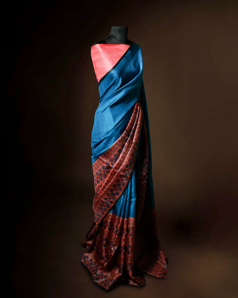 Deep Teal Blue Tussar Silk Saree with Rust Ajrakh Print Border