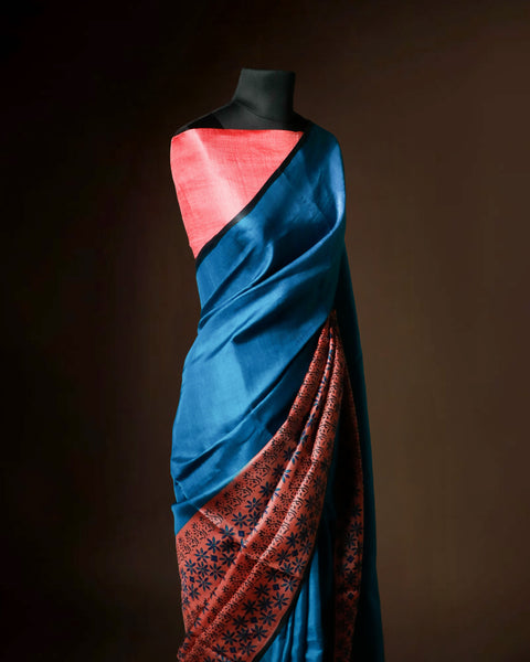 Deep Teal Blue Tussar Silk Saree with Rust Ajrakh Print Border