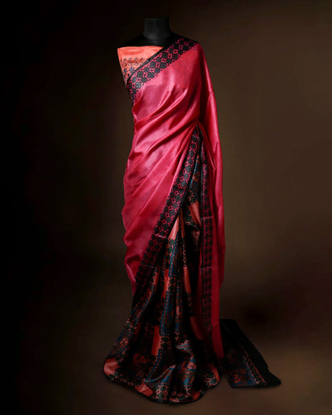 Hand-Block Printed Pink Tussar Saree | Pure Silk Traditional Wear