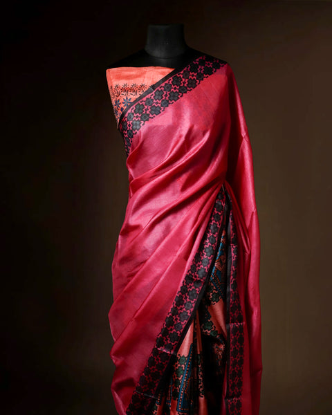 Hand-Block Printed Pink Tussar Saree | Pure Silk Traditional Wear