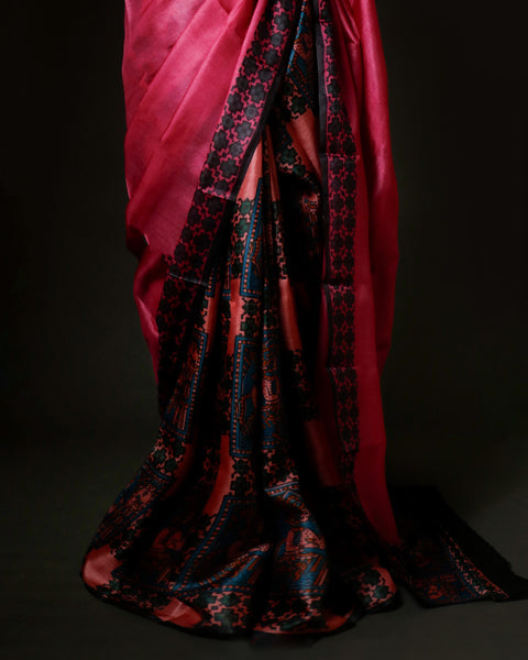 Hand-Block Printed Pink Tussar Saree | Pure Silk Traditional Wear