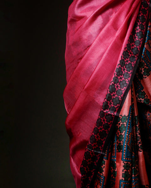 Hand-Block Printed Pink Tussar Saree | Pure Silk Traditional Wear