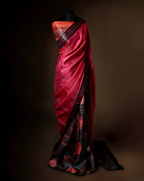 Hand-Block Printed Pink Tussar Saree | Pure Silk Traditional Wear