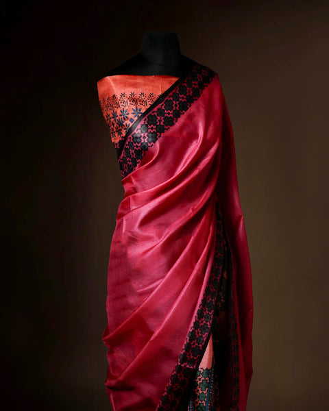 Hand-Block Printed Pink Tussar Saree | Pure Silk Traditional Wear