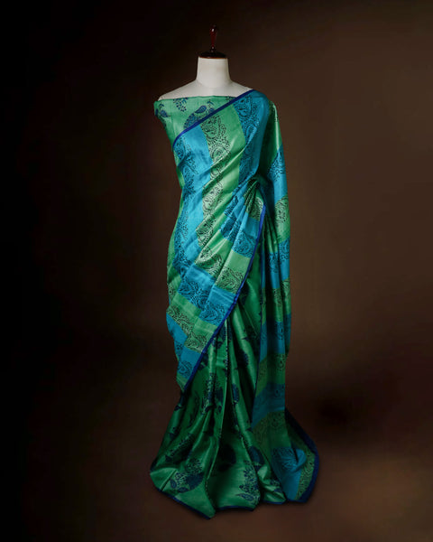 Emerald & Azure Striped Tussar Silk Saree | Paisley Block Print