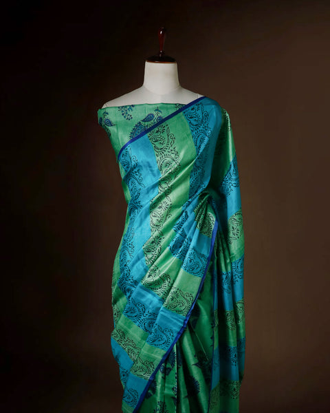 Emerald & Azure Striped Tussar Silk Saree | Paisley Block Print