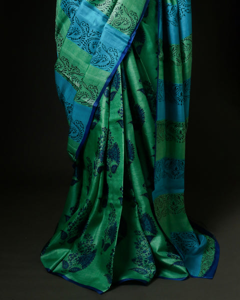 Emerald & Azure Striped Tussar Silk Saree | Paisley Block Print