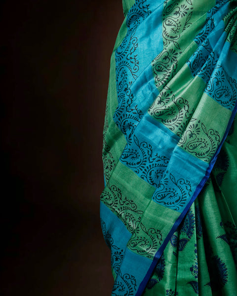 Emerald & Azure Striped Tussar Silk Saree | Paisley Block Print