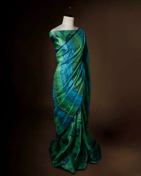 Emerald & Azure Striped Tussar Silk Saree | Paisley Block Print