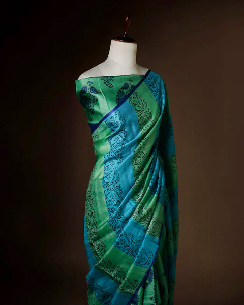 Emerald & Azure Striped Tussar Silk Saree | Paisley Block Print
