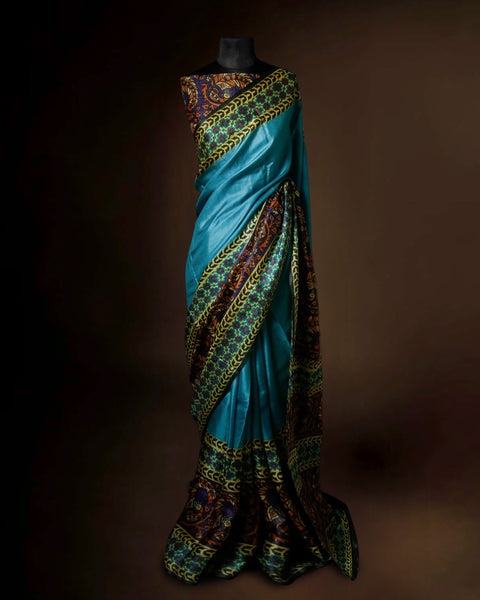 Peacock Blue Tussar Silk Saree with Intricate Kalamkari Print Border