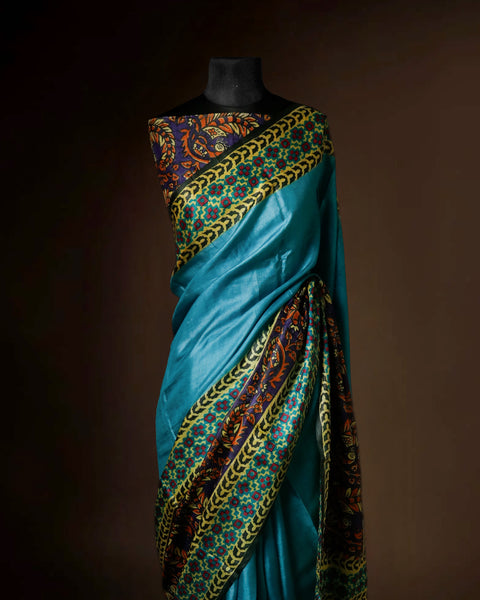Peacock Blue Tussar Silk Saree with Intricate Kalamkari Print Border