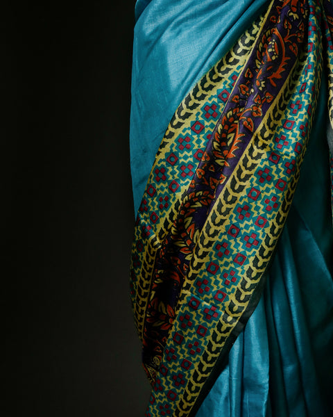 Peacock Blue Tussar Silk Saree with Intricate Kalamkari Print Border