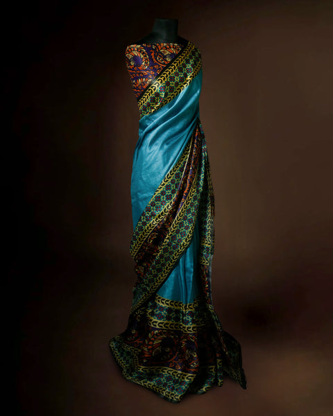 Peacock Blue Tussar Silk Saree with Intricate Kalamkari Print Border