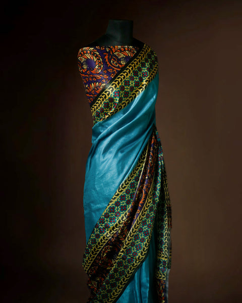 Peacock Blue Tussar Silk Saree with Intricate Kalamkari Print Border