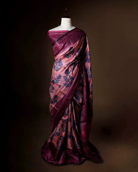 Dusty Rose Tussar Silk Saree with Wine & Teal Floral Block Prints