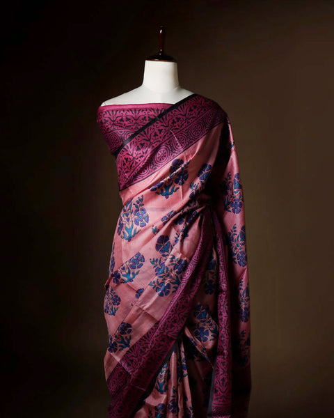 Dusty Rose Tussar Silk Saree with Wine & Teal Floral Block Prints