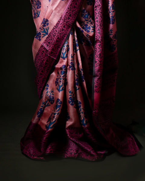 Dusty Rose Tussar Silk Saree with Wine & Teal Floral Block Prints